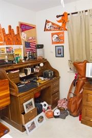 Longhorn Memorabilia, Office Supplies, Keyboards and A Large Roll Top Desk.  (43"h to top/29"h to desk x 54"w x 28.5"d)  $225.00