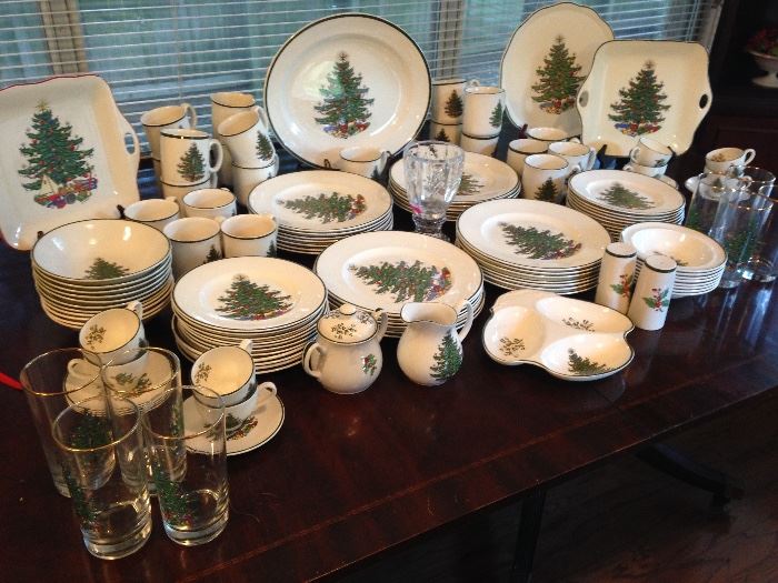 Cuthbertson American Christmas Tree Collection: ~23 Mugs @ $4.50ea. ~1 Oval Platter: $19.50 ~2 Servers @ $19.50ea. ~8 Tumblers @ $4.50ea. ~26 Dinner Plates @ $26.00ea. ~1 Round Platter: $19.50 ~S&P: $12.00 ~Cream & Sugar: $24.00 ~Demitasse Cup/Saucer 8 @ 6.00ea. ~Cereal Bowls 11 @ $7.50ea. ~Berry Bowls 8 @ $7.50ea. ~Salad Plates 22 @ $7.50 ~Relish Plate: $19.50