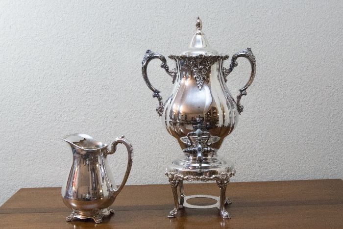 Silver-Plated Water Pitcher:  $45.00. Silver-Plated Wallace Baroqe Coffee Urn: SOLD