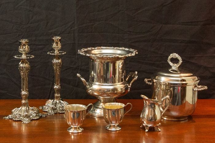 Silver-Plated Candle Sticks, Ice Buckets and More.