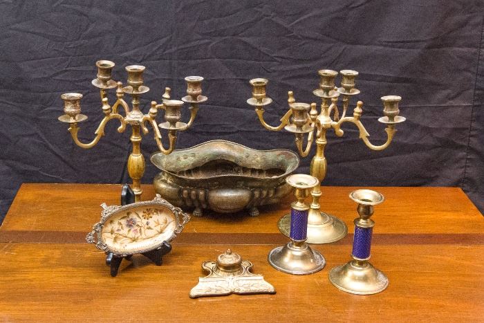 Brass Cande Obra:  $90.00. Antique Planter w/Bronze Finish:  $57.00. Antique Style Soap Dish:  $6.00. Ink Well:  $19.50. Cloisonné and Brass Candle Sticks:  $39.00