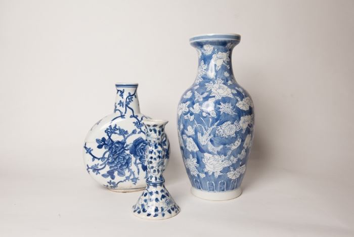 Chinese White and Blue Vases and Candlestick 