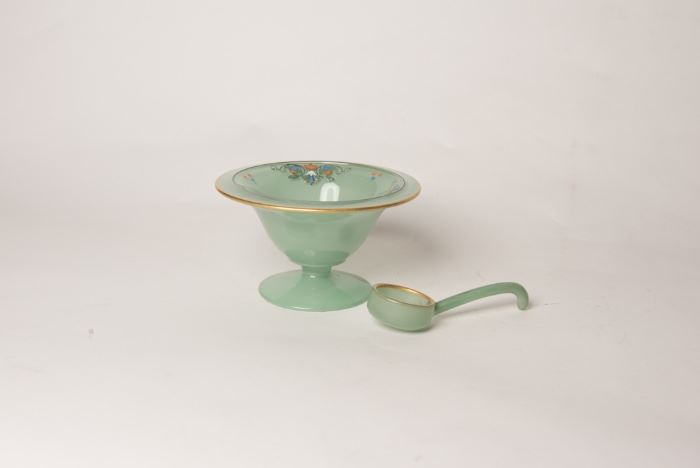 Beautiful Green Glass Gravy Boat and Ladel