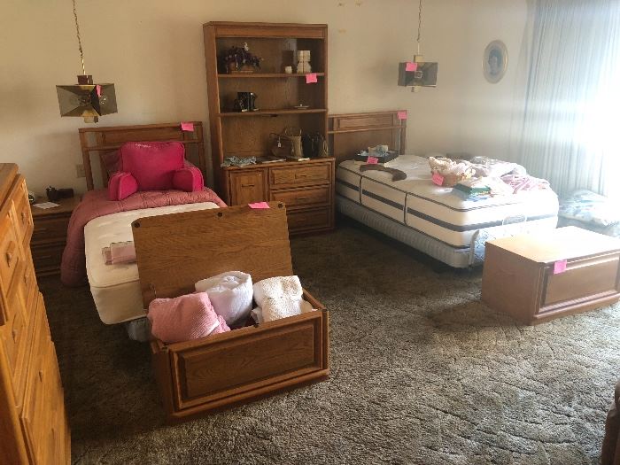 Solid Oak Lexington twin bed set/mattresses, hutch, blanket boxes, chest and armoire with 2 night stands