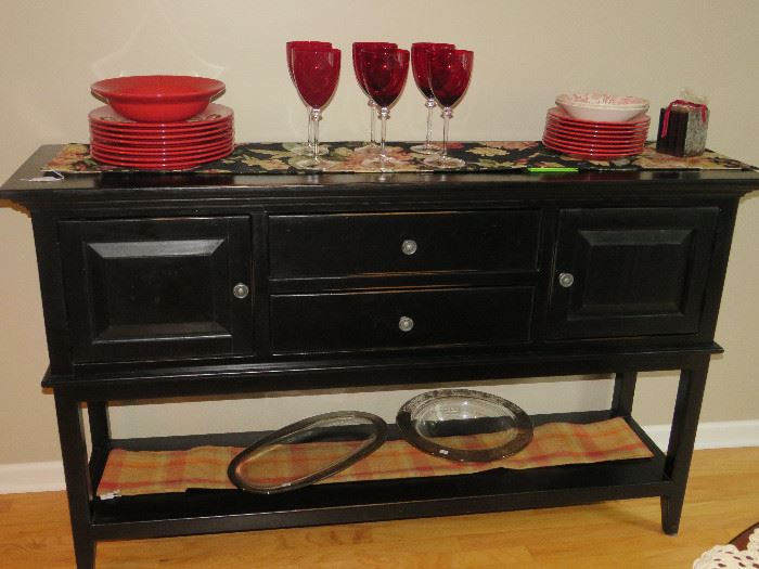 Lovely Credenza with Phaltzgraff Ruby red dishes, and Red Crystal Goblets