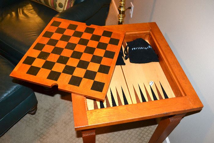 The pottery barn game table; chess, checkers and backgammon 