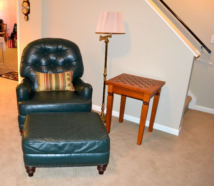 Leather theater style back recliner and ottoman with a Pottery barn game table