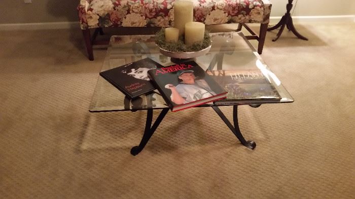 Beveled glass and wrought iron coffee table