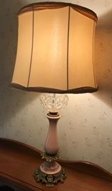One of many unique and unusual lamps in the sale. Pink porcelain with very nice ornate brass accents.
