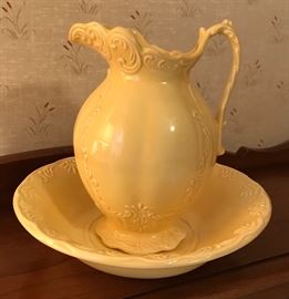 Very nice hand painted creamy yellow ware style bowl and pitcher