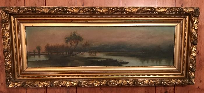 Antique hand painted landscape on old 19th Century style canvas. Well done. Great gold leaf and gesso ornate frame in very good condition.