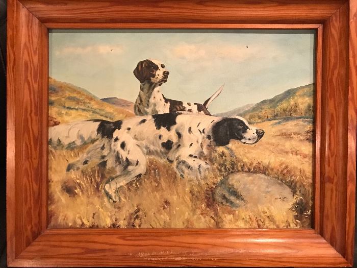 Another view of the hand painted hunting dogs in a great pine frame