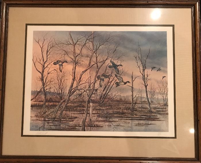 Birds/ducks in flight. Great print in good matting and frame.