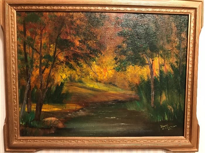 Perfect for fall. Beautiful oil signed and well framed in a gold leaf vintage frame.