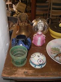 Madame Pompadore powder box, American Legion bell, pottery, etc.