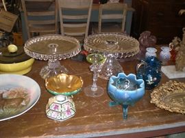 pressed glass cake stands, enameled art glass pitcher, blue opalescent pattern glass, etc.