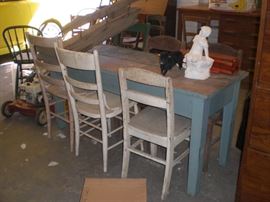 6' long primitive harvest table with blue paint