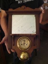 ornate shaving mirror with alarm key wind clock and bell very unusual