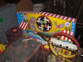 Carnival litho tin shooting gallery and other vintage toys