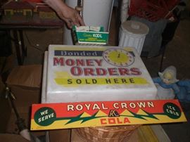 Bonded Money Orders lighted clock, Royal Crown Soda sign,etc.