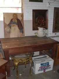 4' square leg primitive kitchen table, ornate gilt cast iron glass top table