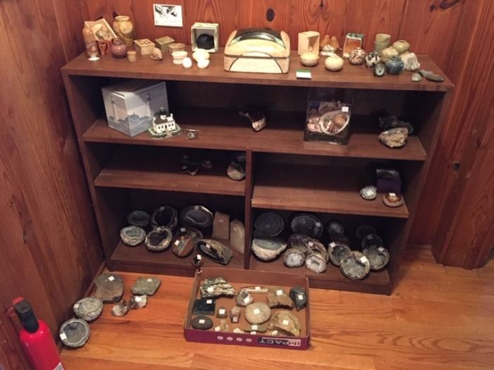 Large selection of fossils and geodes, stoneware and related collectibles