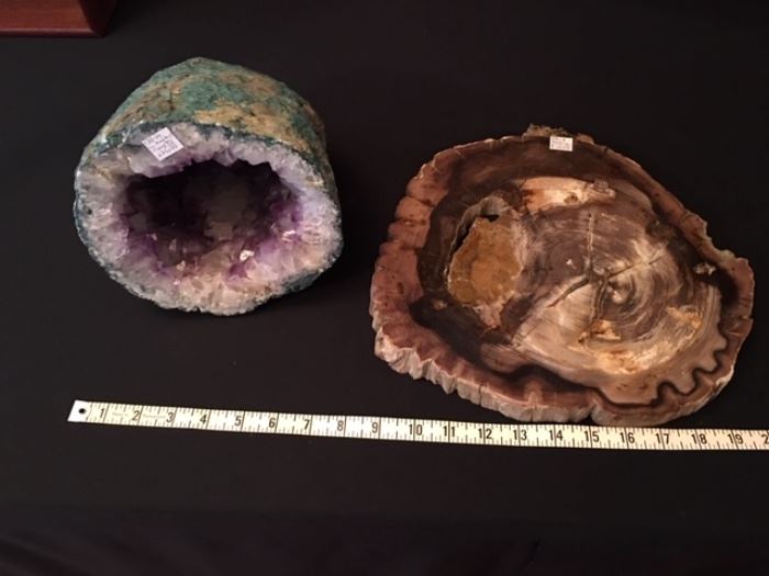 Amethyst geode and large petrified wood slab