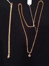 Diamond & 14K gold tennis bracelet, Diamond pendant on heavy 14K chain