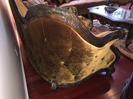 Essex Manor Sofa Michael Amini Upholstery: Deep Brown. Six throw pillows with trim. Single bench seat. Amazingly shaped hand carved frame. Beautiful shield back design. Construction material: Wood. Deep English Tea finish. Essex Manor collection. Leg Color: Deep English tea. Design: Standard. Overall: 45.25'' H x 92'' W x 40.25'' D