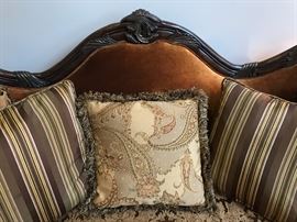 Essex Manor Sofa Michael Amini Upholstery: Deep Brown. Six throw pillows with trim. Single bench seat. Amazingly shaped hand carved frame. Beautiful shield back design. Construction material: Wood. Deep English Tea finish. Essex Manor collection. Leg Color: Deep English tea. Design: Standard. Overall: 45.25'' H x 92'' W x 40.25'' D