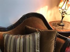 Essex Manor Sofa Michael Amini Upholstery: Deep Brown. Six throw pillows with trim. Single bench seat. Amazingly shaped hand carved frame. Beautiful shield back design. Construction material: Wood. Deep English Tea finish. Essex Manor collection. Leg Color: Deep English tea. Design: Standard. Overall: 45.25'' H x 92'' W x 40.25'' D