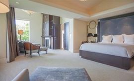 Pair of baker furniture mosaic mirrors.  Each measures 36’’ wide x 63’’ high.   Pair of Frederick Cooper Lucite acrylic lamps with chrome base and black shades.