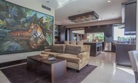 Three Harry counter stools, wood with leather upholstery by Christian Liaigre at Holly Hunt.   Tantus Bench by Cumberland, wood and leather.  Baker furniture down fill sofa. 