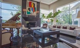 Custom made Ocean Sofa by Christian Liaigre at Holly Hunt - Upholstery is Chenille & Sateen - 120’’ L x 42’’ D x 30’’ Back H, 18’’ Seat H, 23’’ Armrest H.  Custom Designed Mohogany with dark stain finish and polished nickel inlay and clear beveled glass top - 64’’ Square x 18’’ H.  Console Sofa Table - Polished Nickel Frame with Marble insert - 72’’ L x 14’’ D x 35’’ H.