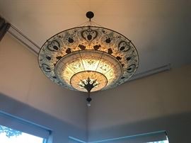 Fortuny - Three tier silk painted suspension fixture with brown geometric design with glass drop