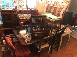 Mahogany table with 2 leaves, assorted chairs, silver plate silverware