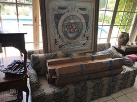 Newly recovered sofa, Pottery Barn Curtain Rods, Artwork