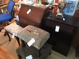 Drop down desk, foot stools and small cabinet