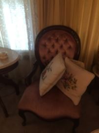  VICTORIAN  ARM CHAIR  AND PAIR HAND DONE  TAPESTRY  PILLOWS