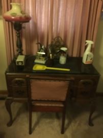  ANTIQUE LADIES DESK AND CHAIR  AND ANTIQUE LAMP