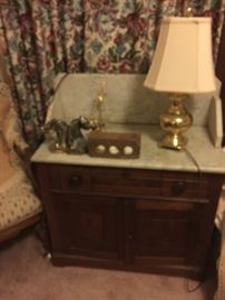  MARBLE TOP CHEST  BRASS LAMP