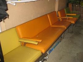 Mid-century Woodard vinyl sectional sofa & chairs, marked Lee L. Woodard, needs some reupholstering