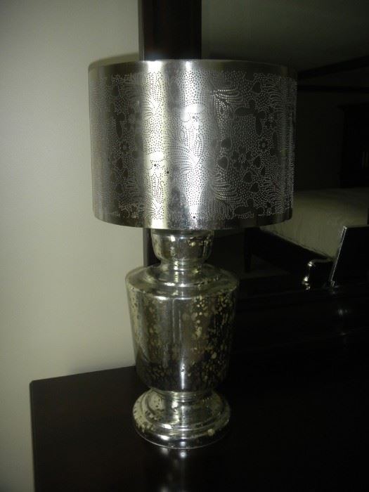 pair of silver antiqued glass lamps w/ hand-cut, perforated shade