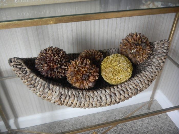 brown woven bowl w/ pod flowers and basil balls