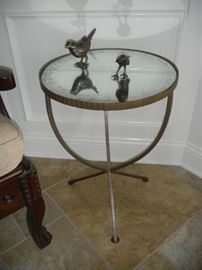 pair of antique mirror top tables, aged brass w/ scalloped frame, 20" diameter