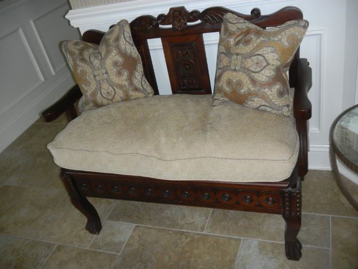 hand-carved bench/setee with drawer below seat, custom fabric