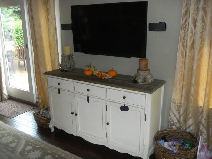 TV console, off-white finish with recycled elm wood top