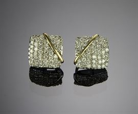 Pair 18K Gold and Diamond Cluster Earrings