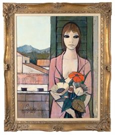 Charles Levier Oil on Canvas Woman with Flowers