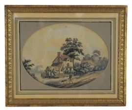 European Watercolor of Village 18th Century